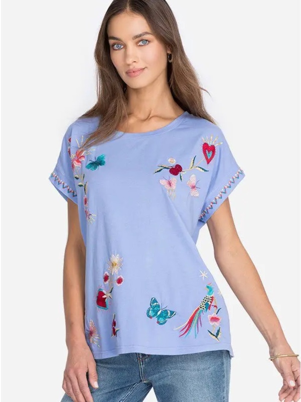 Johnny Was Adara Light Blue Short Sleeve Embroidered Tee